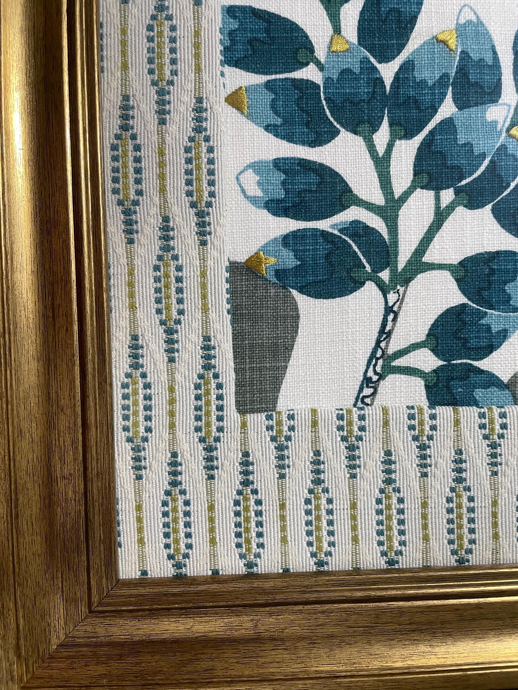 Custom-made Ballard Designs Emmie Blue fabric and Faygo matting in gold frame 13x16