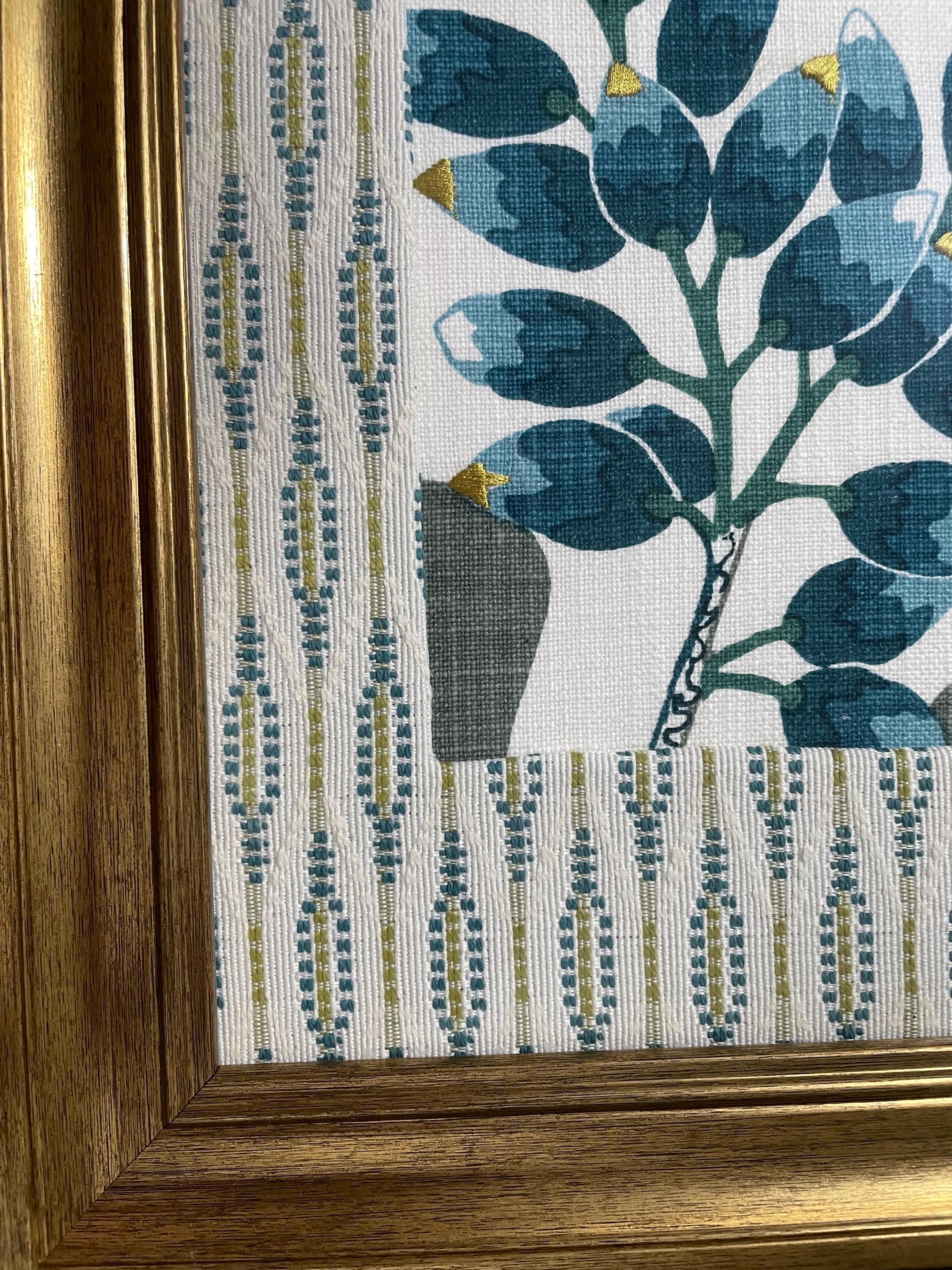Custom-made Ballard Designs Emmie Blue fabric and Faygo matting in gold frame 13x16