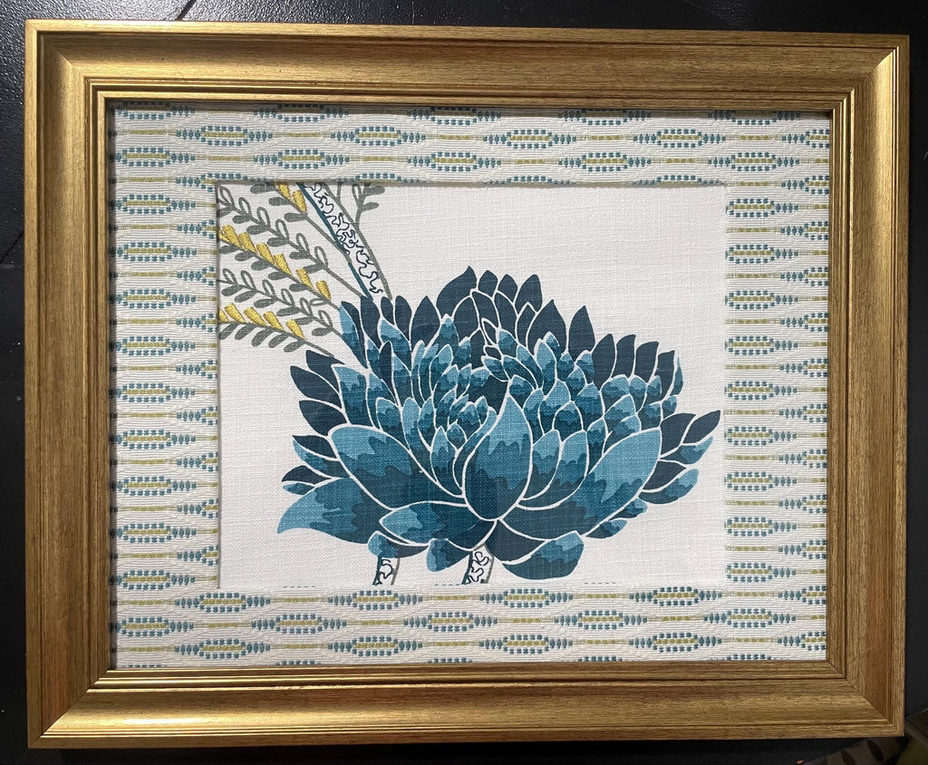 Custom-made Ballard Designs Emmie Blue fabric and Faygo matting in gold frame 13x16