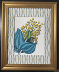 Custom-made Ballard Designs Emmie Blue fabric and Faygo matting in gold frame 13x16
