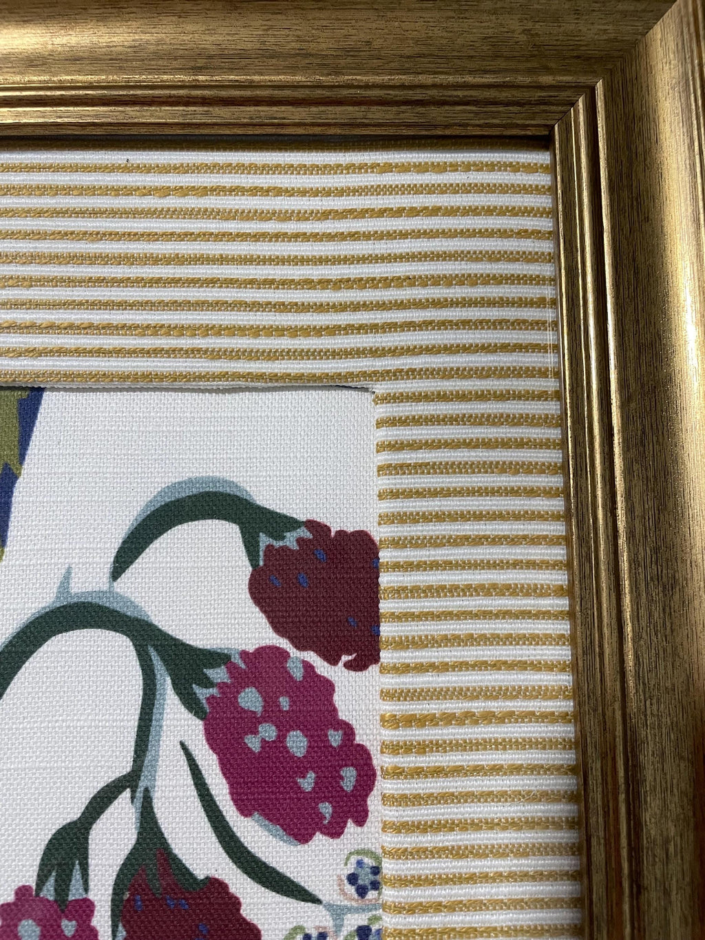 Custom-made Ballard designs Millie Blue fabric and Biff matting in gold frame 13x16