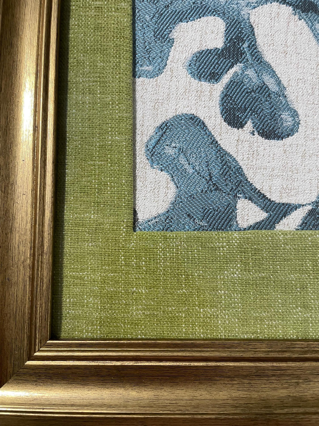 Custom-made Designer fabric and matting in gold frame 13x16