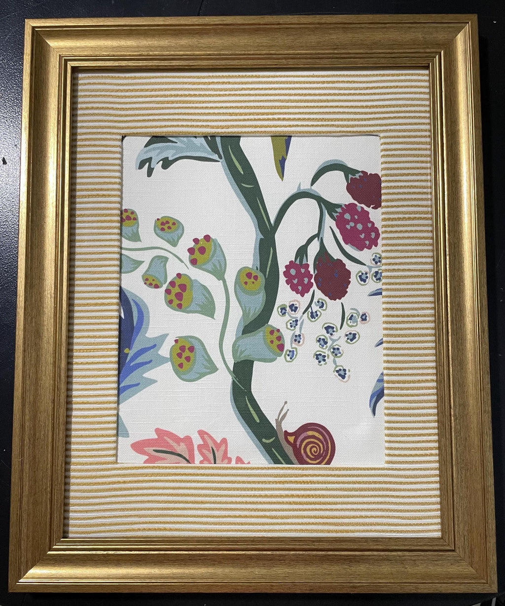 Custom-made Ballard designs Millie Blue fabric and Biff matting in gold frame 13x16