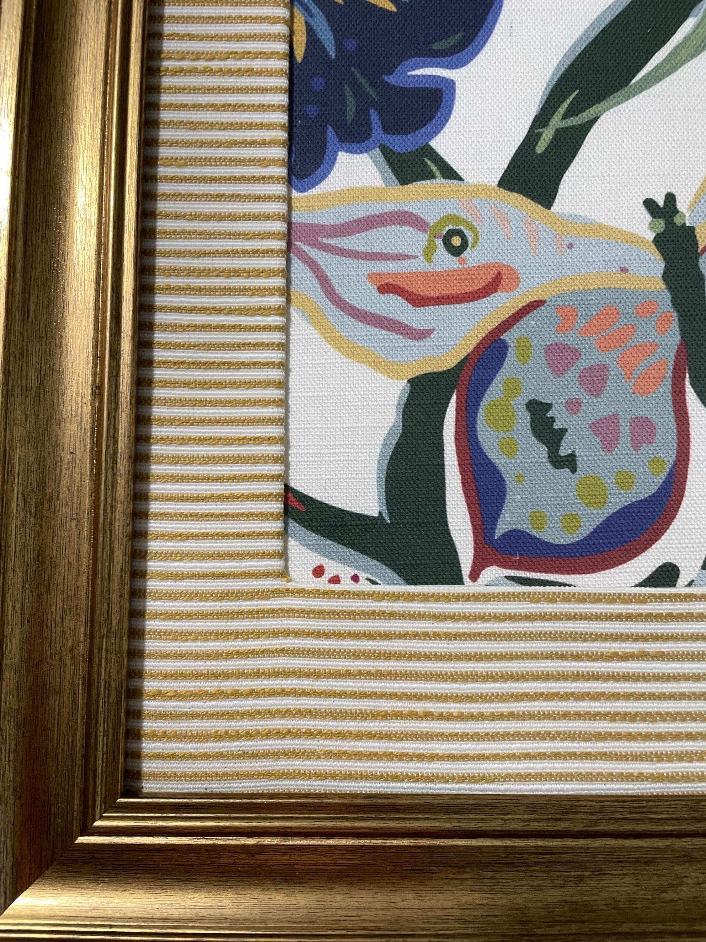 Custom-made Ballard designs Millie Blue fabric and Biff matting in gold frame 13x16