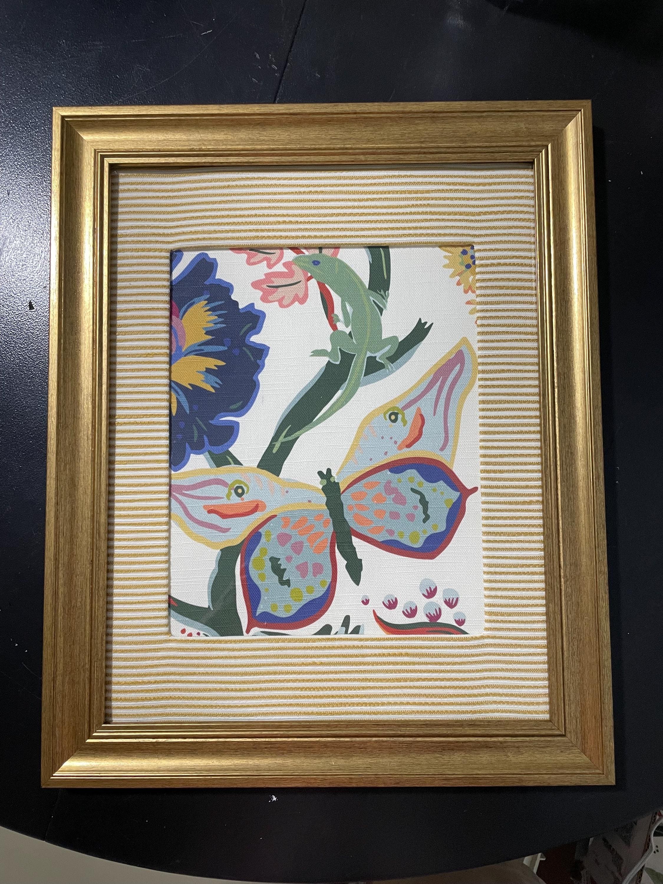 Custom-made Ballard designs Millie Blue fabric and Biff matting in gold frame 13x16