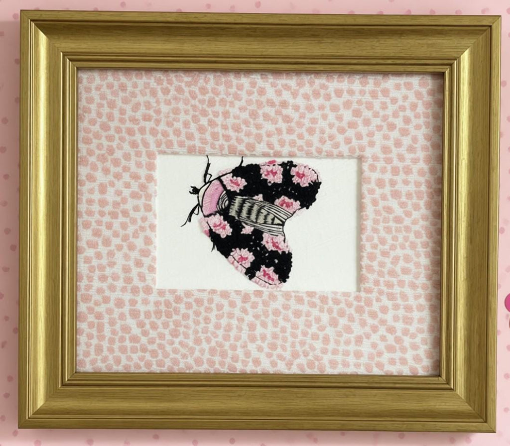 Custom Framed Embroidered Butterfly Moth Art, Ballard Designs TULLY Rose Quartz Fabric Matting