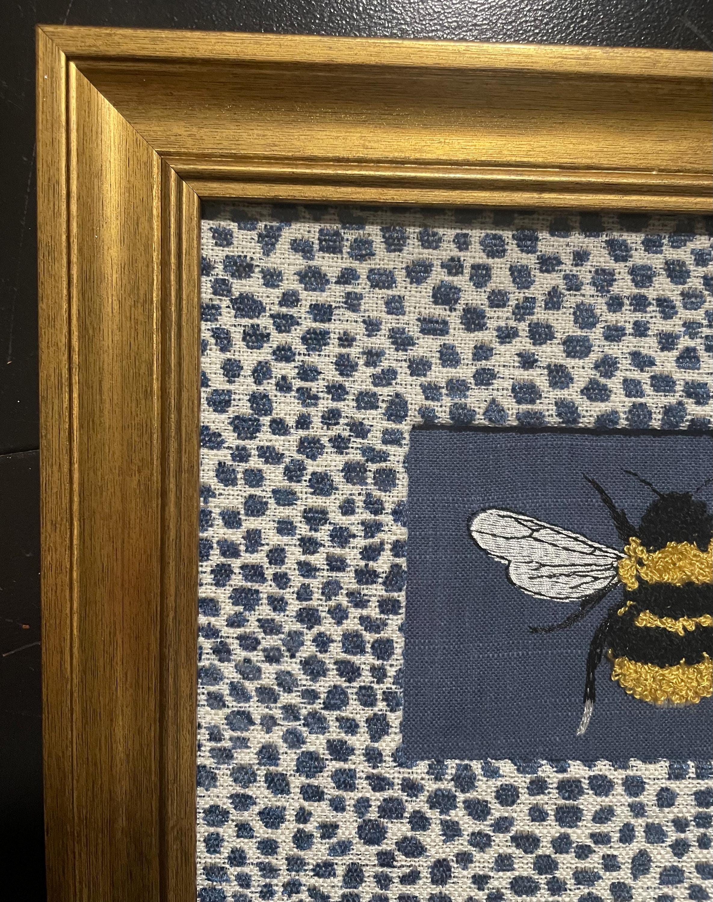 Adorable Bee surrounded by Ballard Designs Tully Blue Fabric Mat