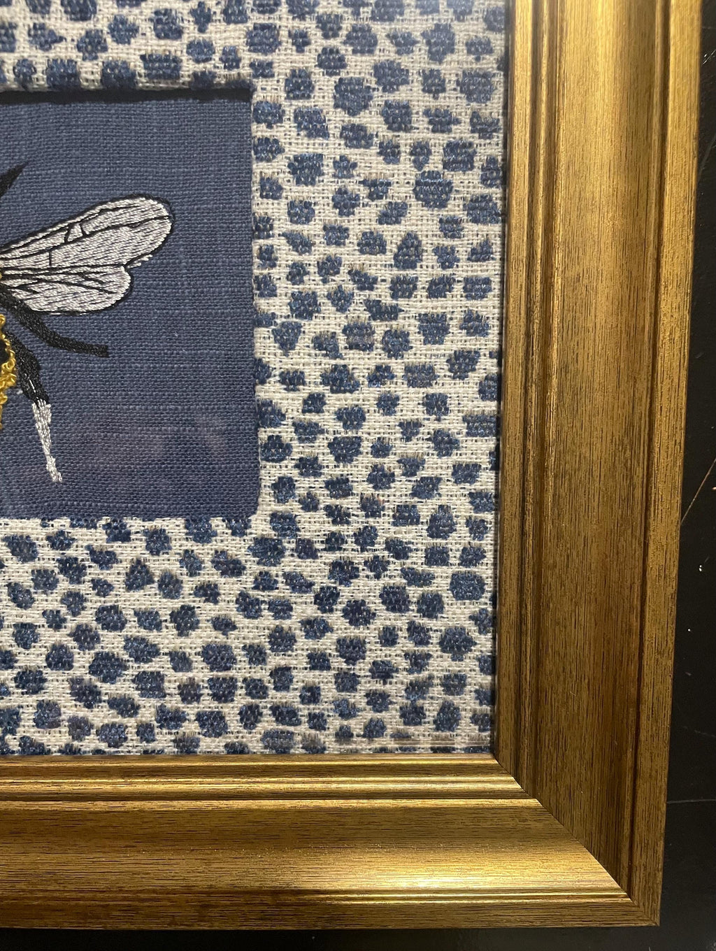 Adorable Bee surrounded by Ballard Designs Tully Blue Fabric Mat