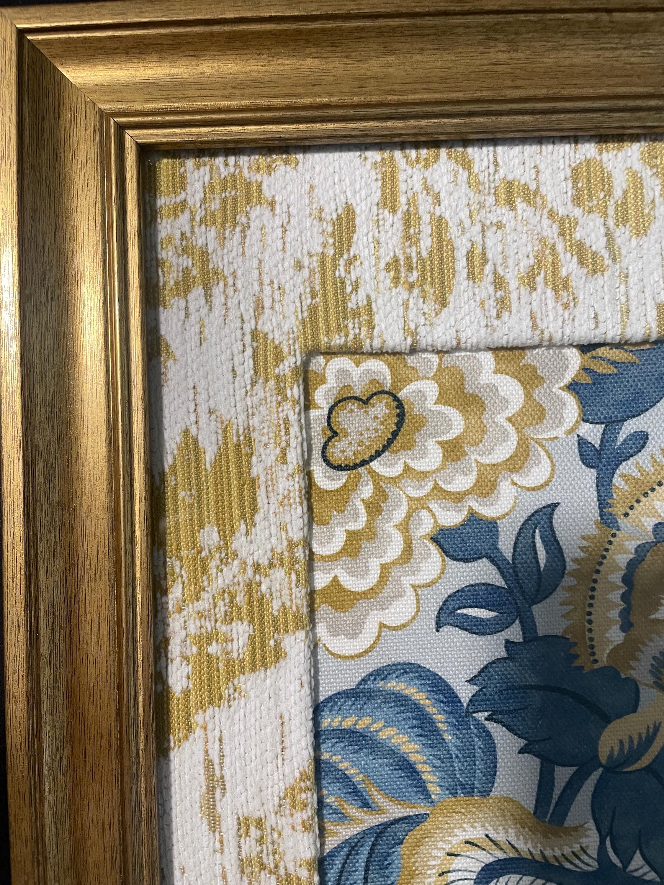 Custom-made Ballard Designs Welling Blue fabric and Annabelle matting in gold frame 13x16