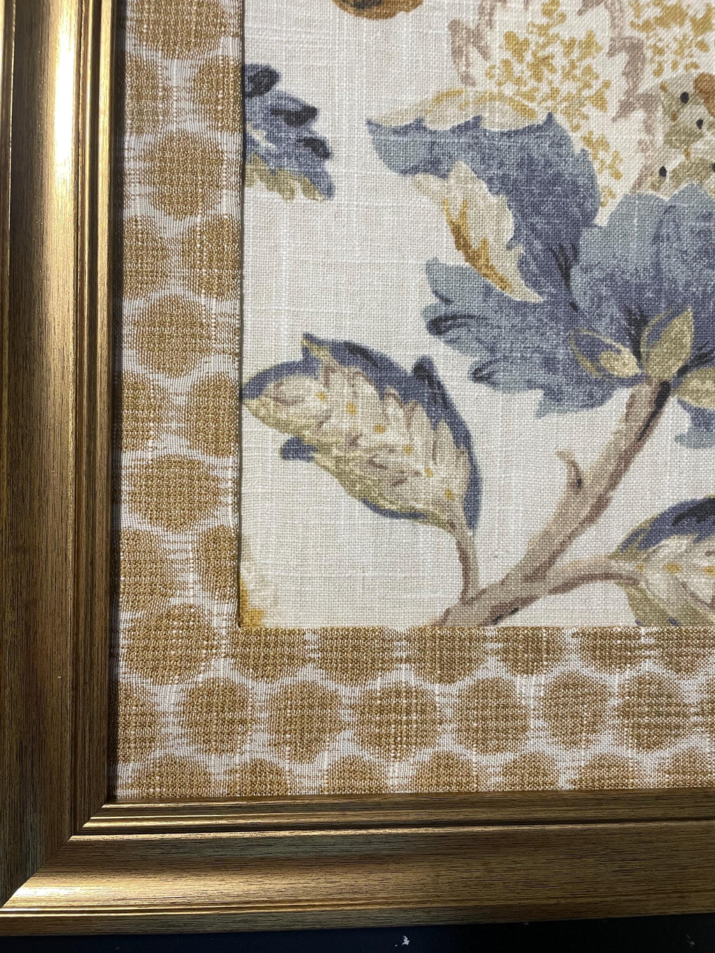 Custom-made Ballard Designs Sayer Yellow fabric and Mia Dijon matting in gold frame 13x16