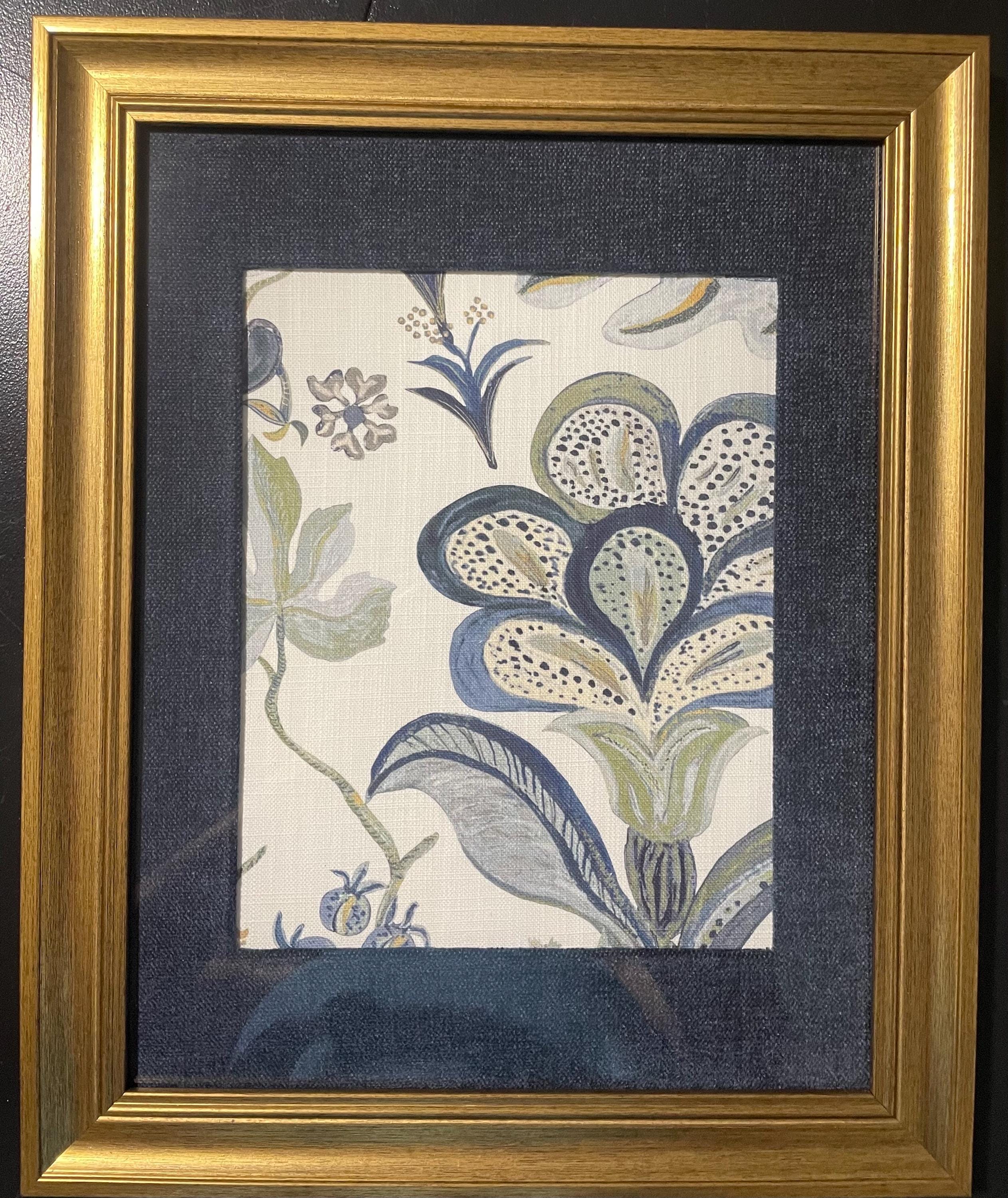 Custom-made Ballard Designs Isadore Blue fabric and Navy fabric matting in gold frame 13x16