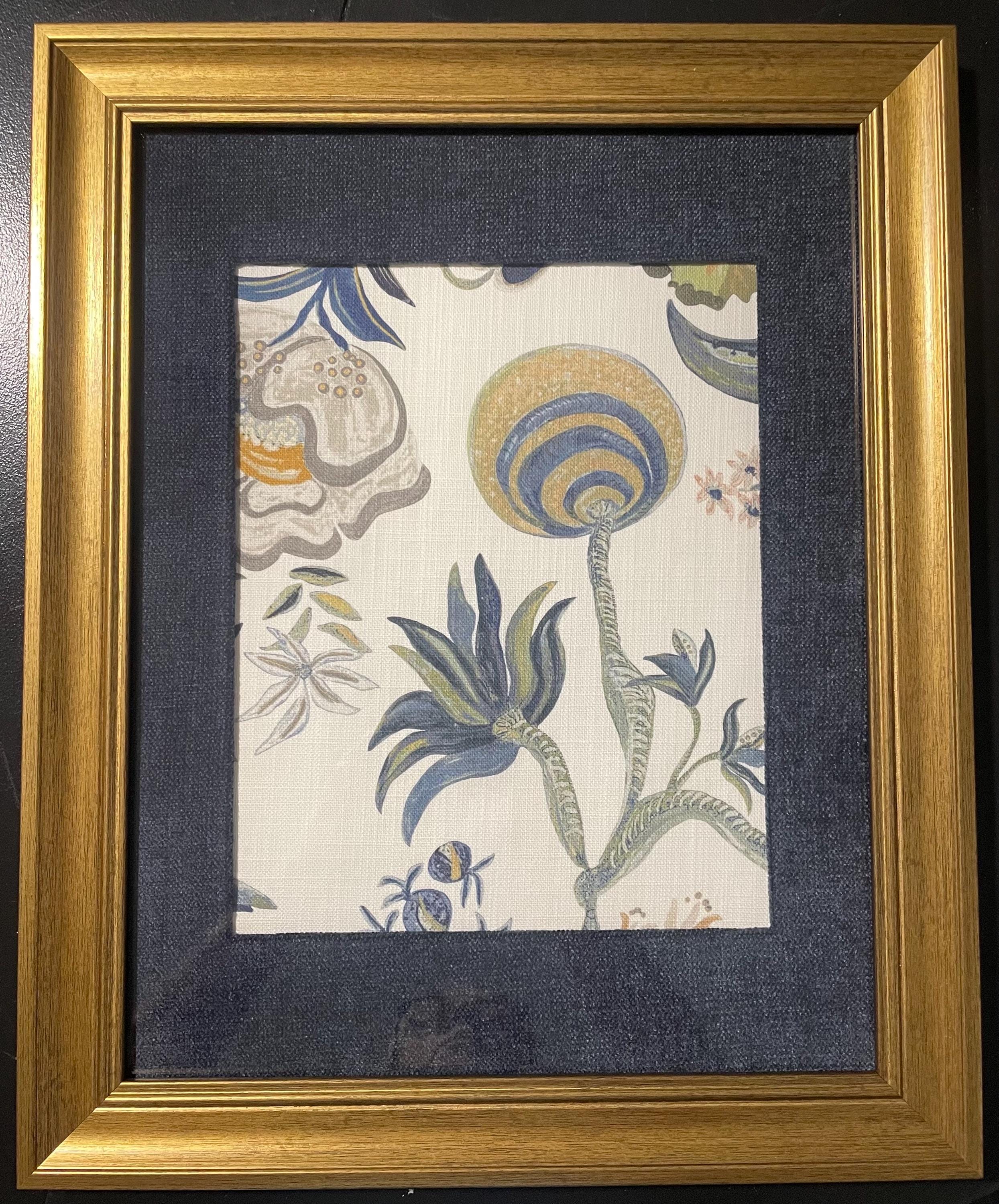 Custom-made Ballard Designs Isadore Blue fabric and Navy fabric matting in gold frame 13x16