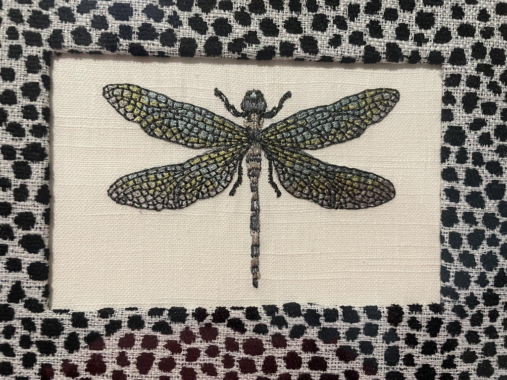 Eye catching Dragonfly surrounded by Ballard Designs Tully Ebony Fabric Mat