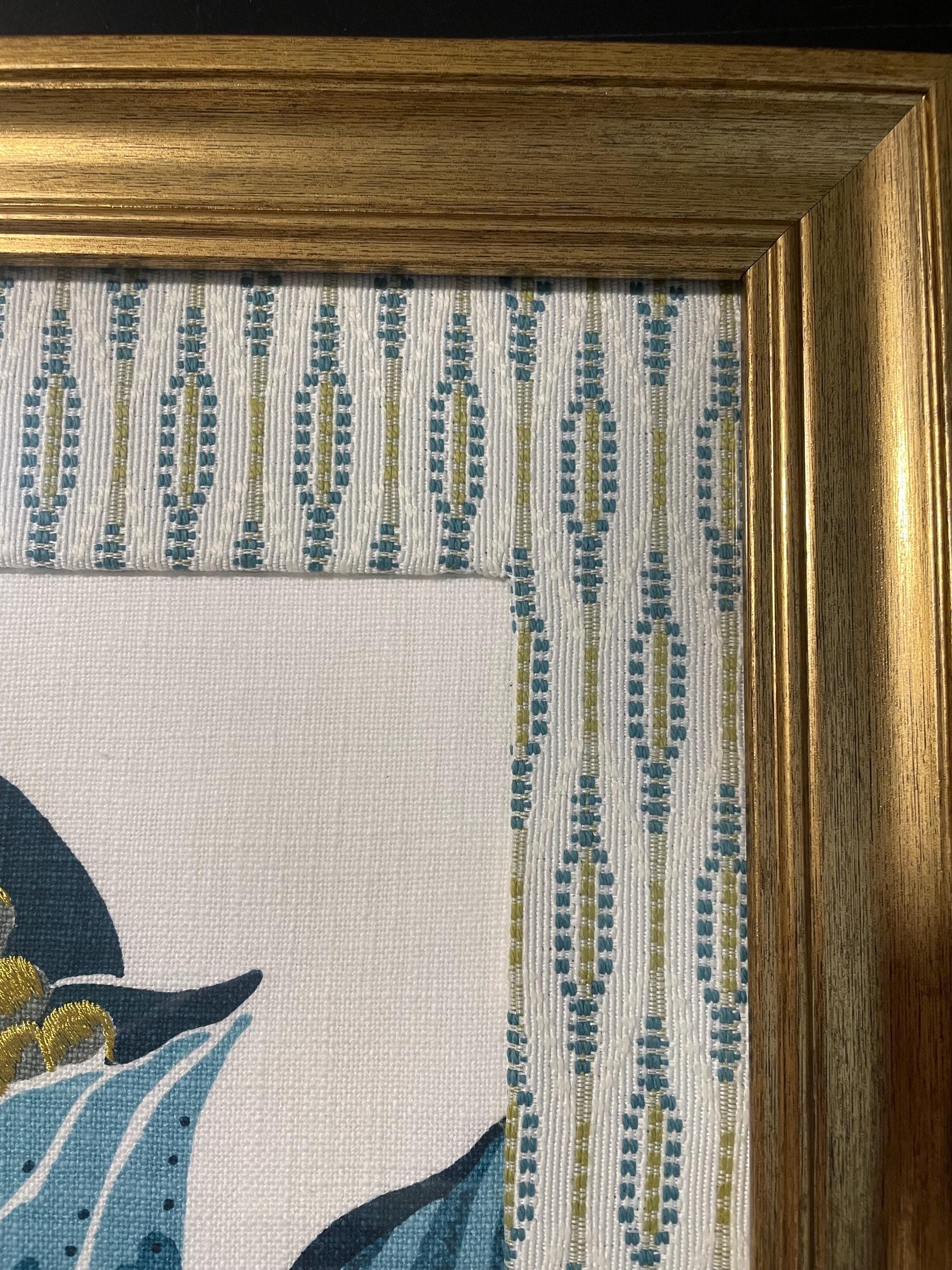 Custom-made Ballard Designs Emmie Blue fabric and Faygo matting in gold frame 13x16
