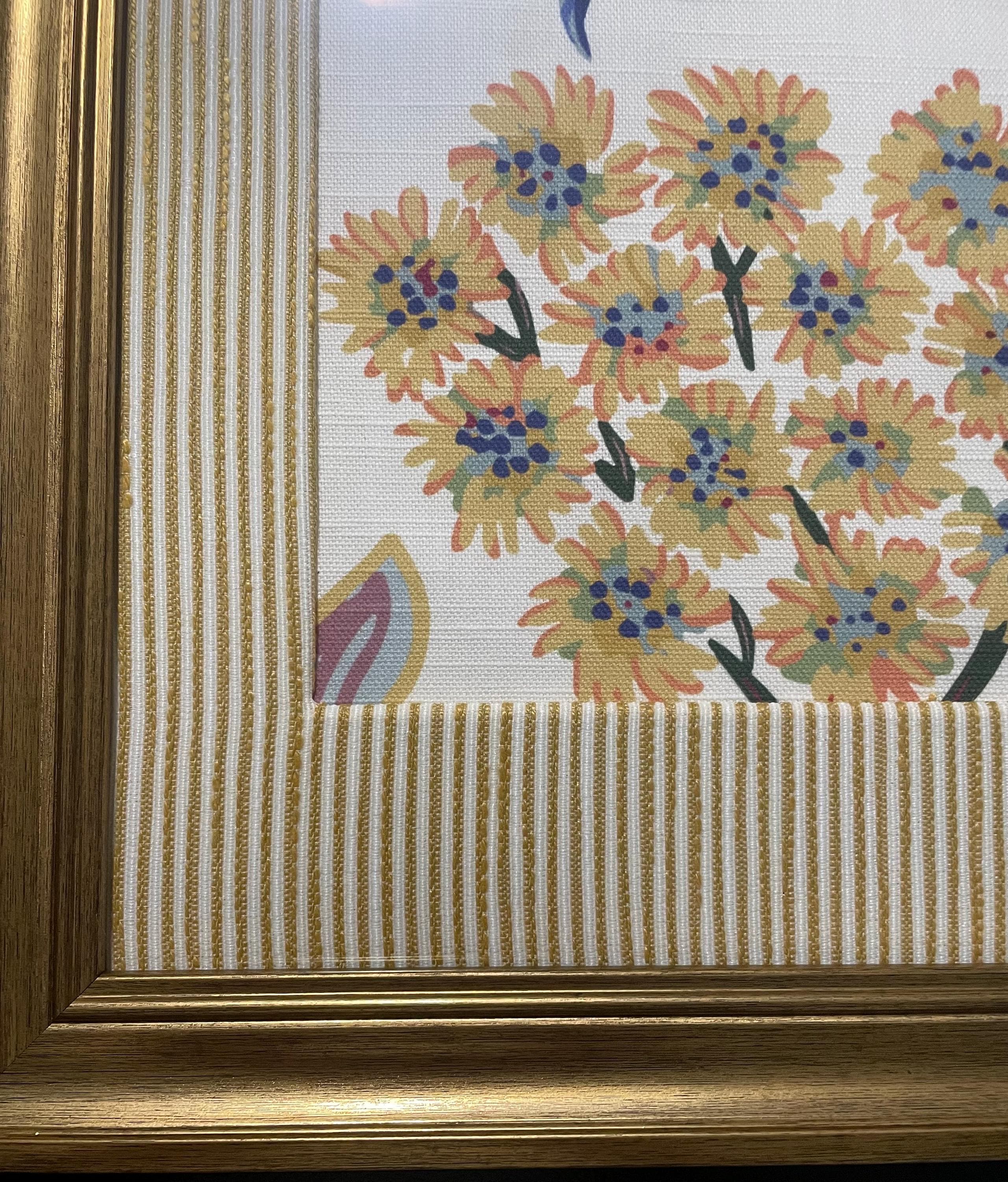 Custom-made Ballard designs Millie Blue fabric and Biff matting in gold frame 13x16