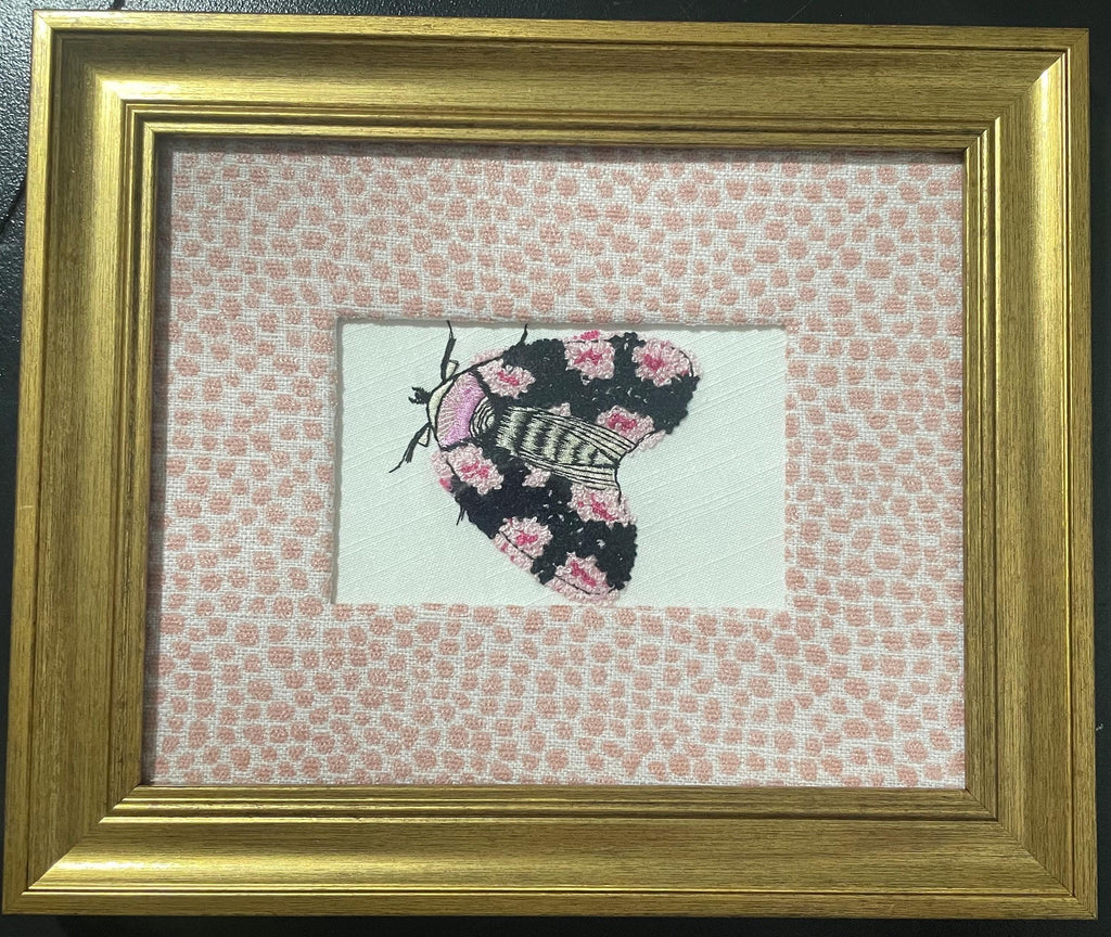 Custom Framed Embroidered Butterfly Moth Art, Ballard Designs TULLY Rose Quartz Fabric Matting
