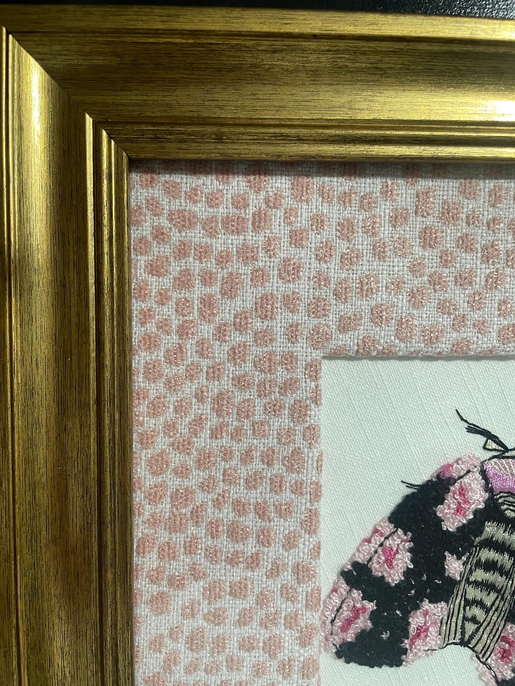 Custom Framed Embroidered Butterfly Moth Art, Ballard Designs TULLY Rose Quartz Fabric Matting