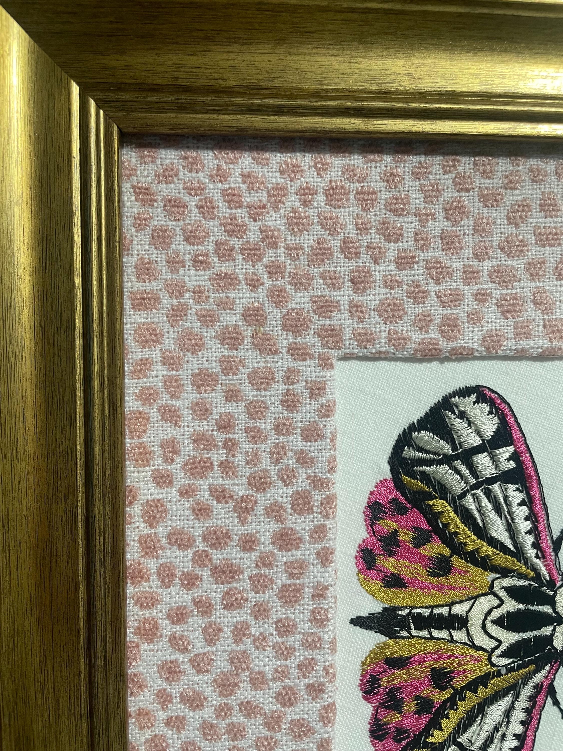 Custom Framed Embroidered Butterfly Moth Art, Ballard Designs TULLY Rose Quartz Fabric Matting