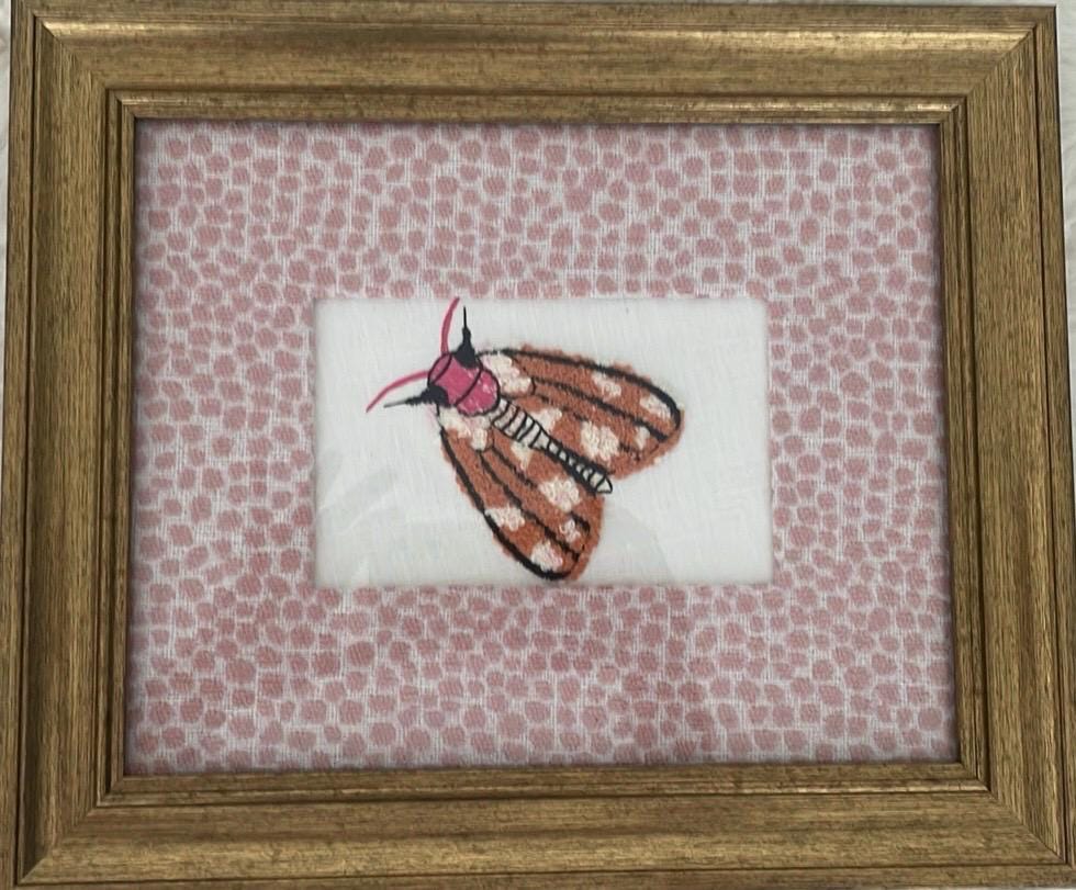 Embroidered Moth Art, Ballard Designs Rose Quartz Fabric Mat, Gold Frame (Pair)