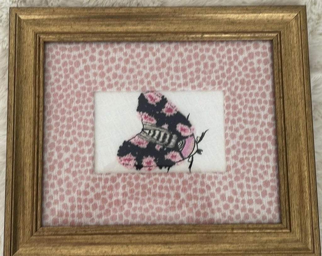 Embroidered Moth Art, Ballard Designs Rose Quartz Fabric Mat, Gold Frame (Pair)