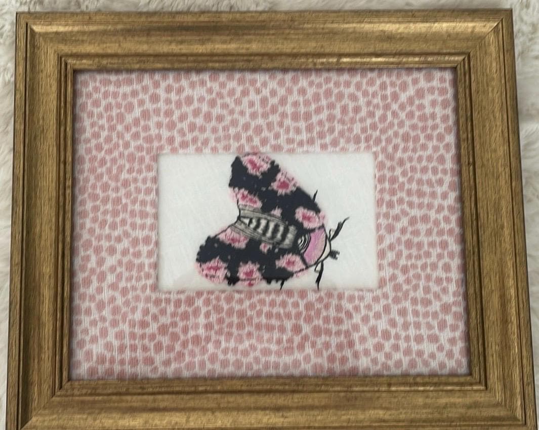 Embroidered Moth Art, Ballard Designs Rose Quartz Fabric Mat, Gold Frame (Pair)