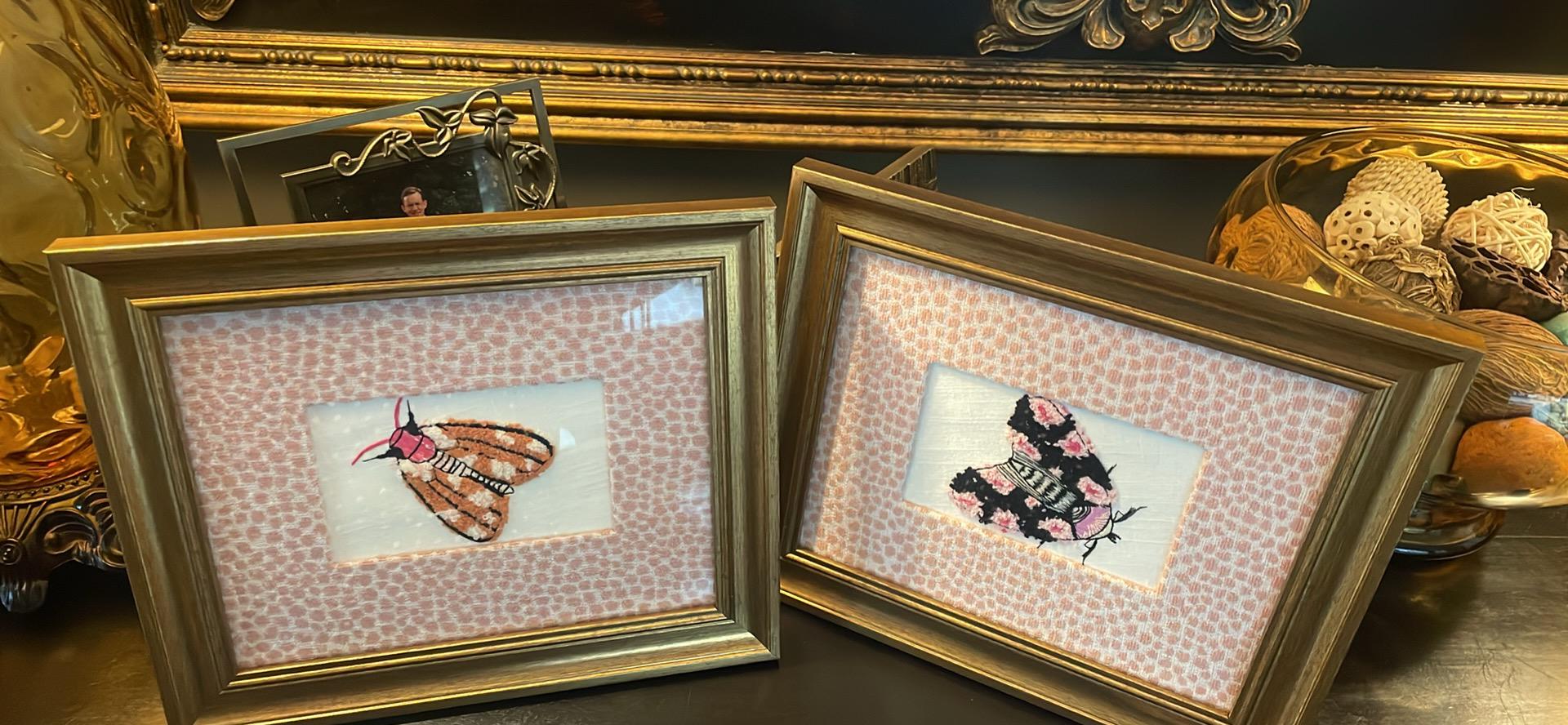 Embroidered Moth Art, Ballard Designs Rose Quartz Fabric Mat, Gold Frame (Pair)