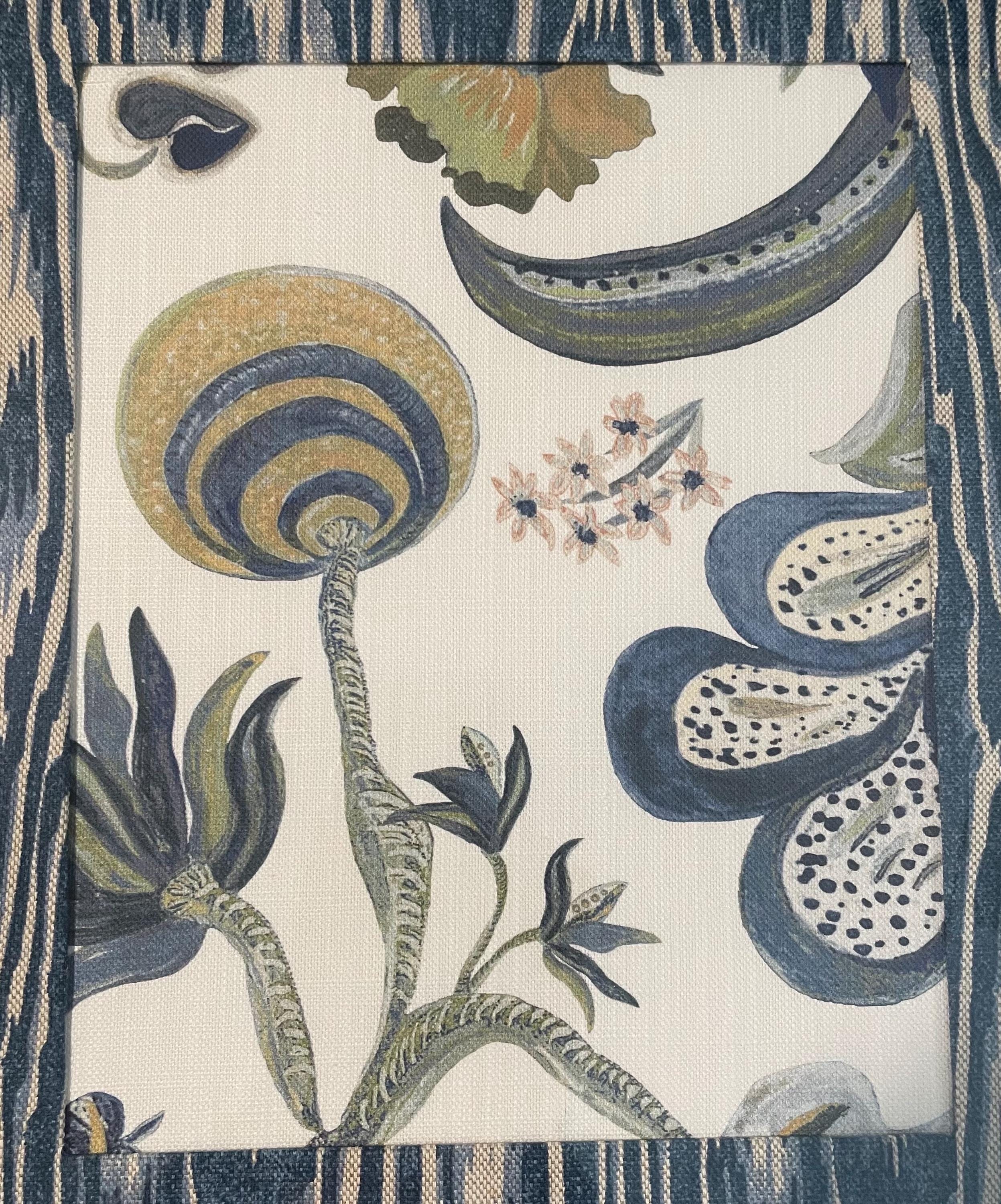 Custom Framed Ballard Designs Fabric Art (13x16) – Isadore Blue Ikat Gold Frame