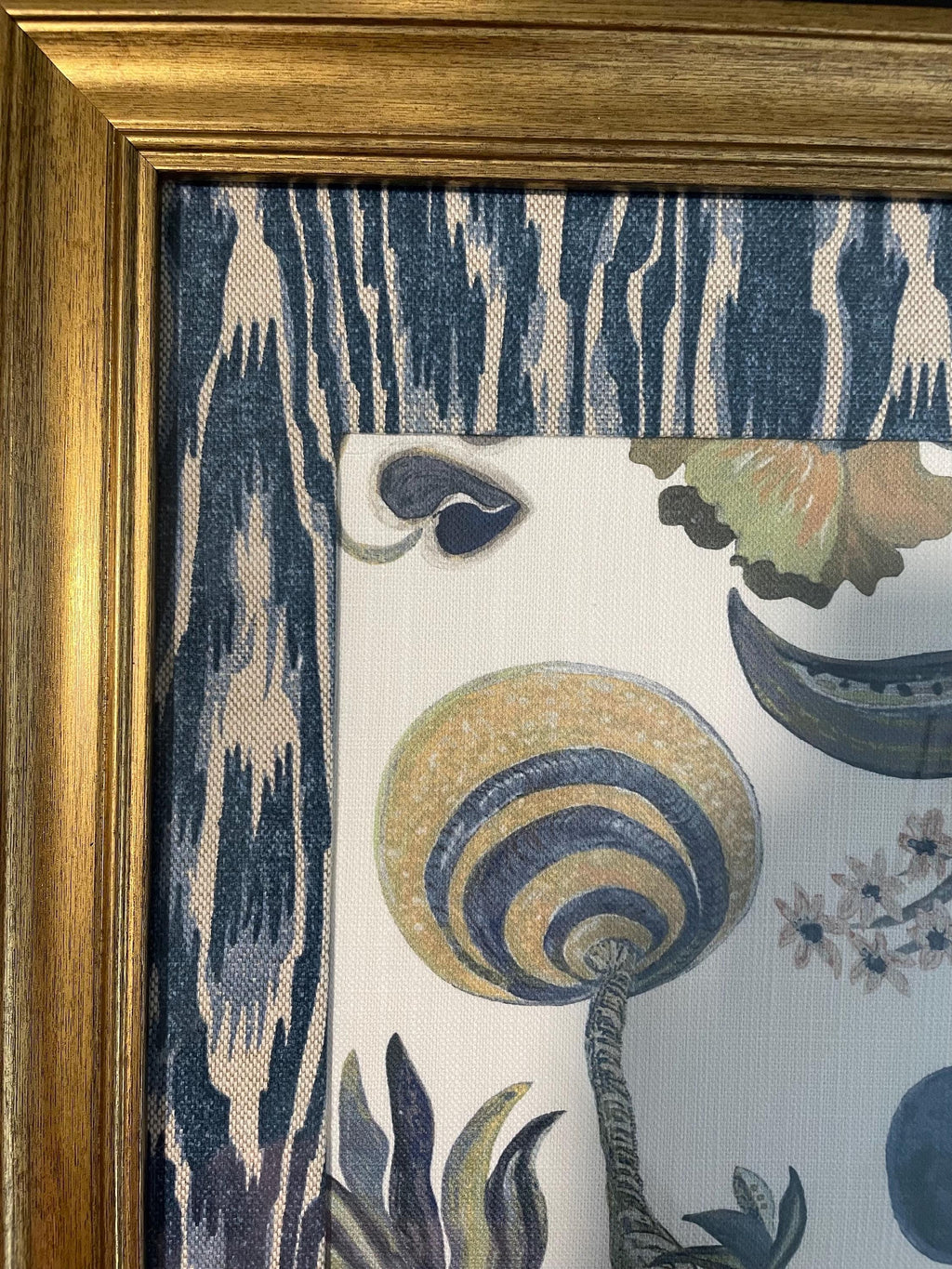 Custom Framed Ballard Designs Fabric Art (13x16) – Isadore Blue Ikat Gold Frame