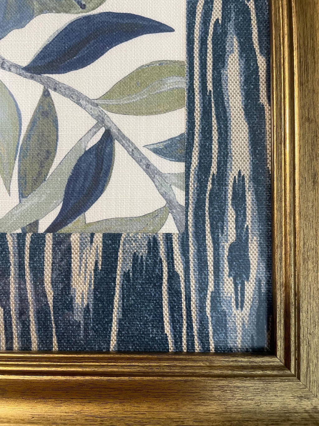 Custom Framed Ballard Designs Fabric Art: Isadore Blue Floral, Darcy Blue Ikat Mat