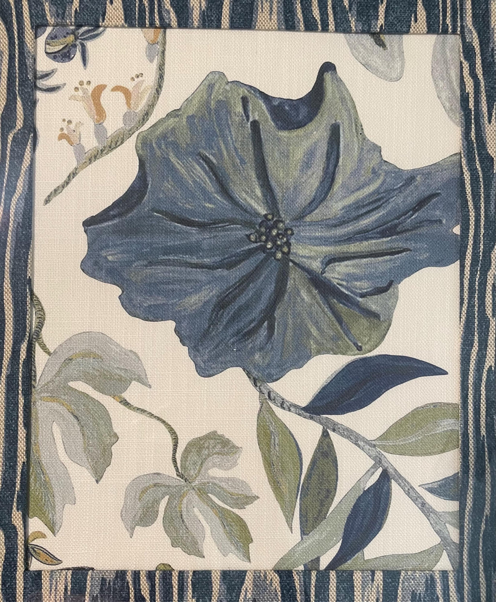 Custom Framed Ballard Designs Fabric Art: Isadore Blue Floral, Darcy Blue Ikat Mat