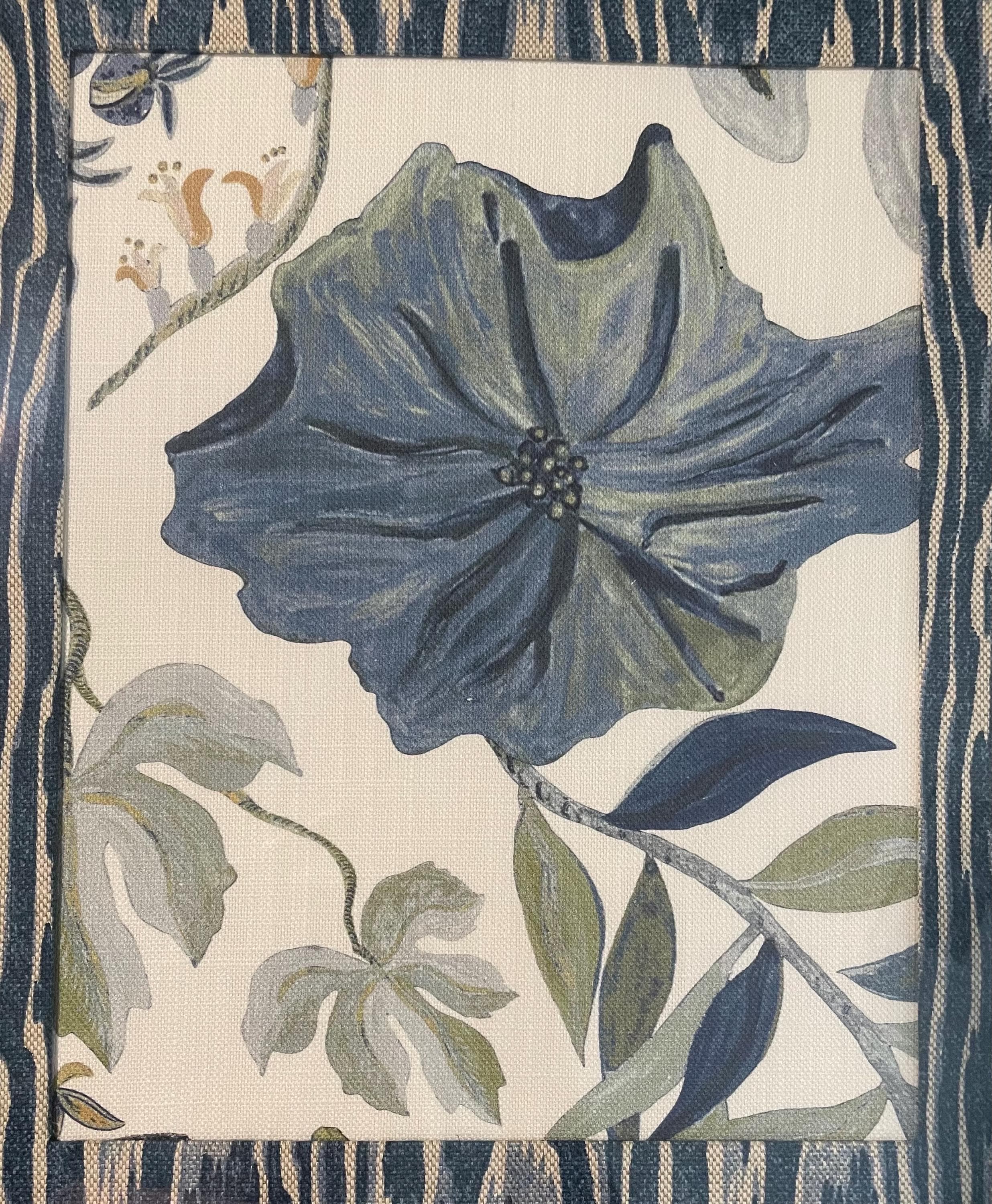 Custom Framed Ballard Designs Fabric Art: Isadore Blue Floral, Darcy Blue Ikat Mat