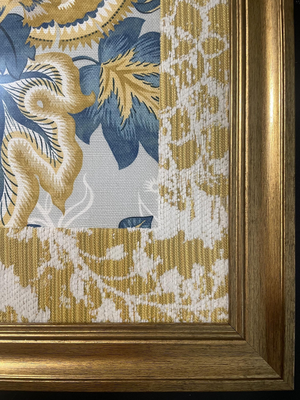 Custom-made Ballard Designs Welling Blue fabric and Annabelle matting in gold frame 13x16