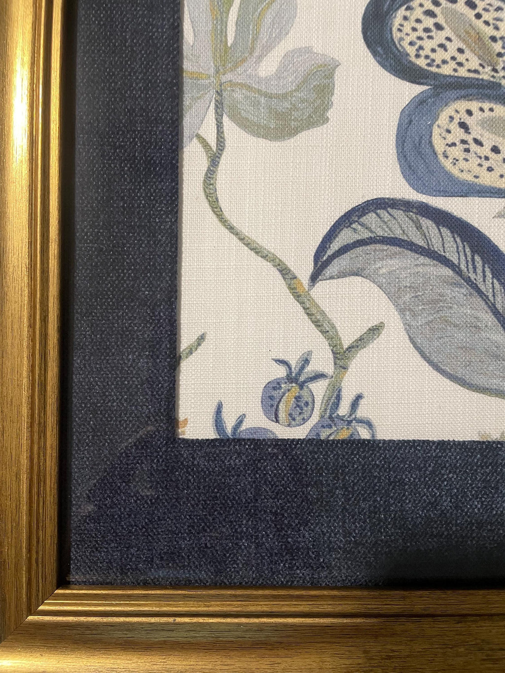 Custom-made Ballard Designs Isadore Blue fabric and Navy fabric matting in gold frame 13x16