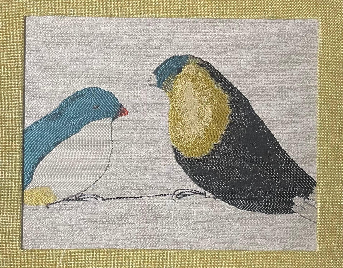 Fabric Wall Art, Teal White Charcoal Birds, Gold Frame 13x16