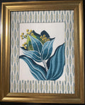 Custom-made Ballard Designs Emmie Blue fabric and Faygo matting in gold frame 13x16