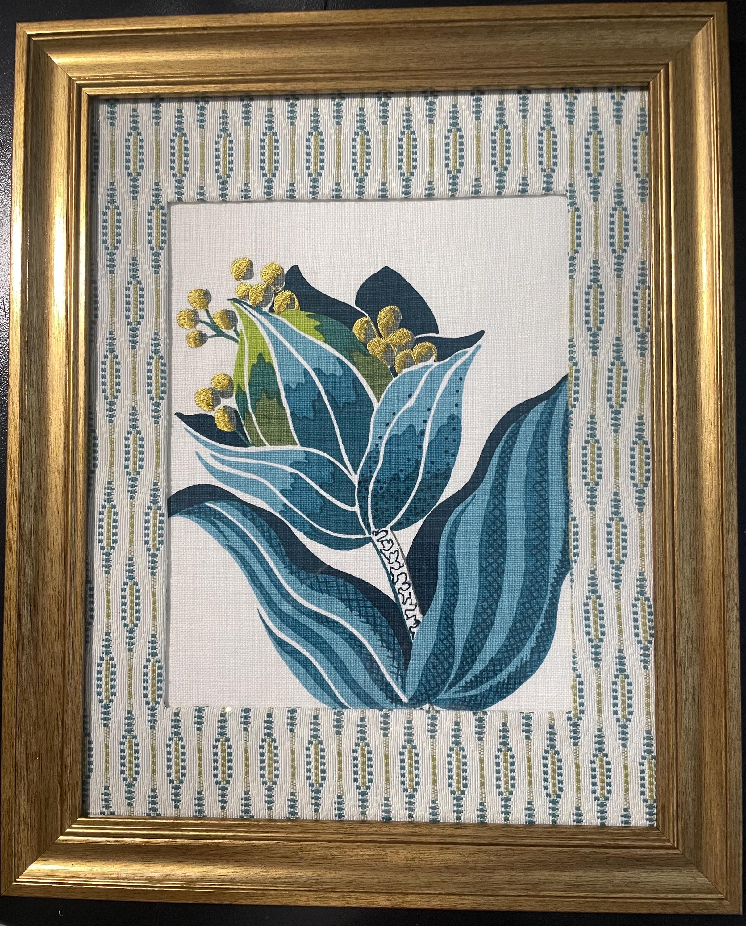 Custom-made Ballard Designs Emmie Blue fabric and Faygo matting in gold frame 13x16