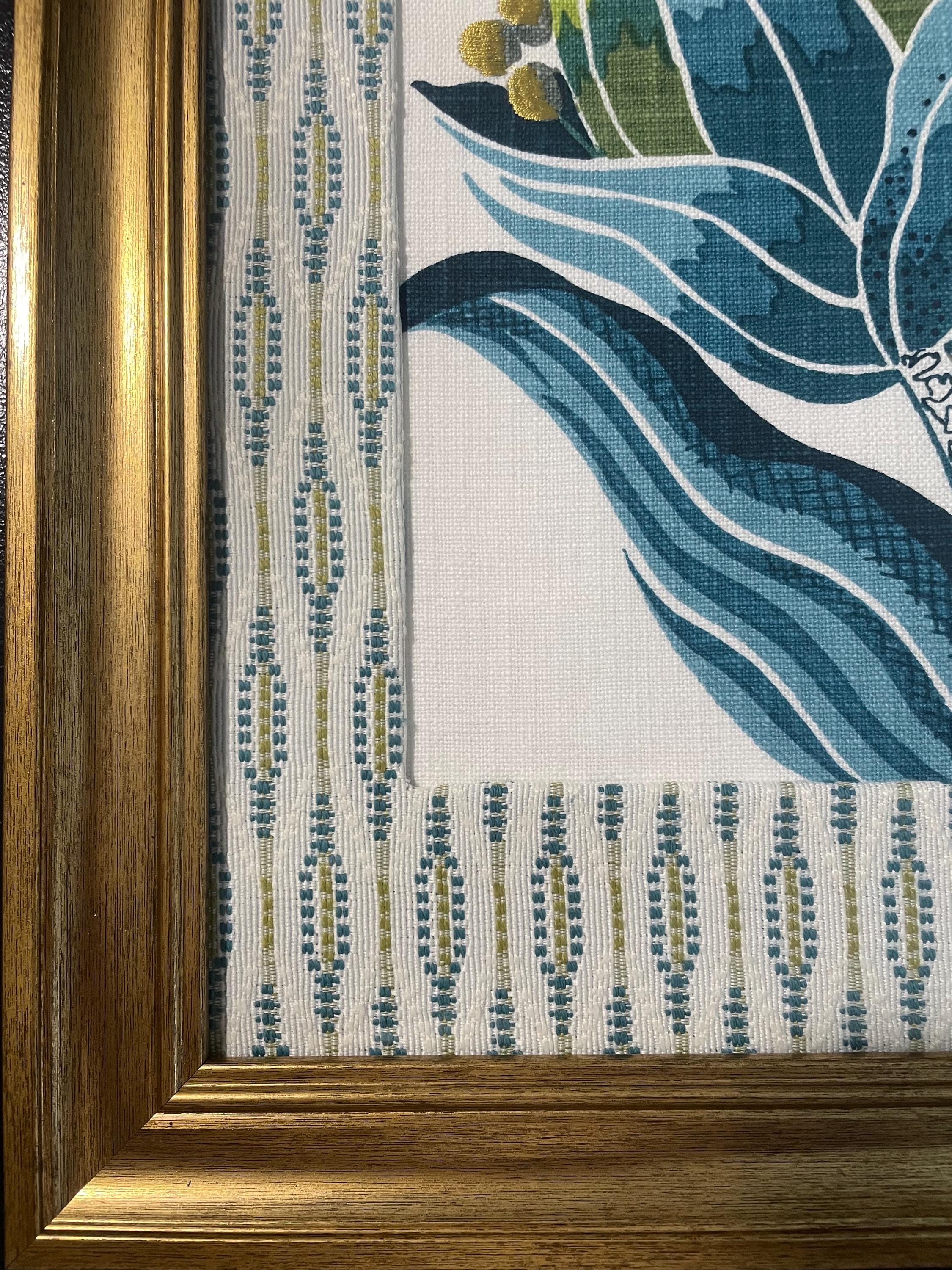 Custom-made Ballard Designs Emmie Blue fabric and Faygo matting in gold frame 13x16