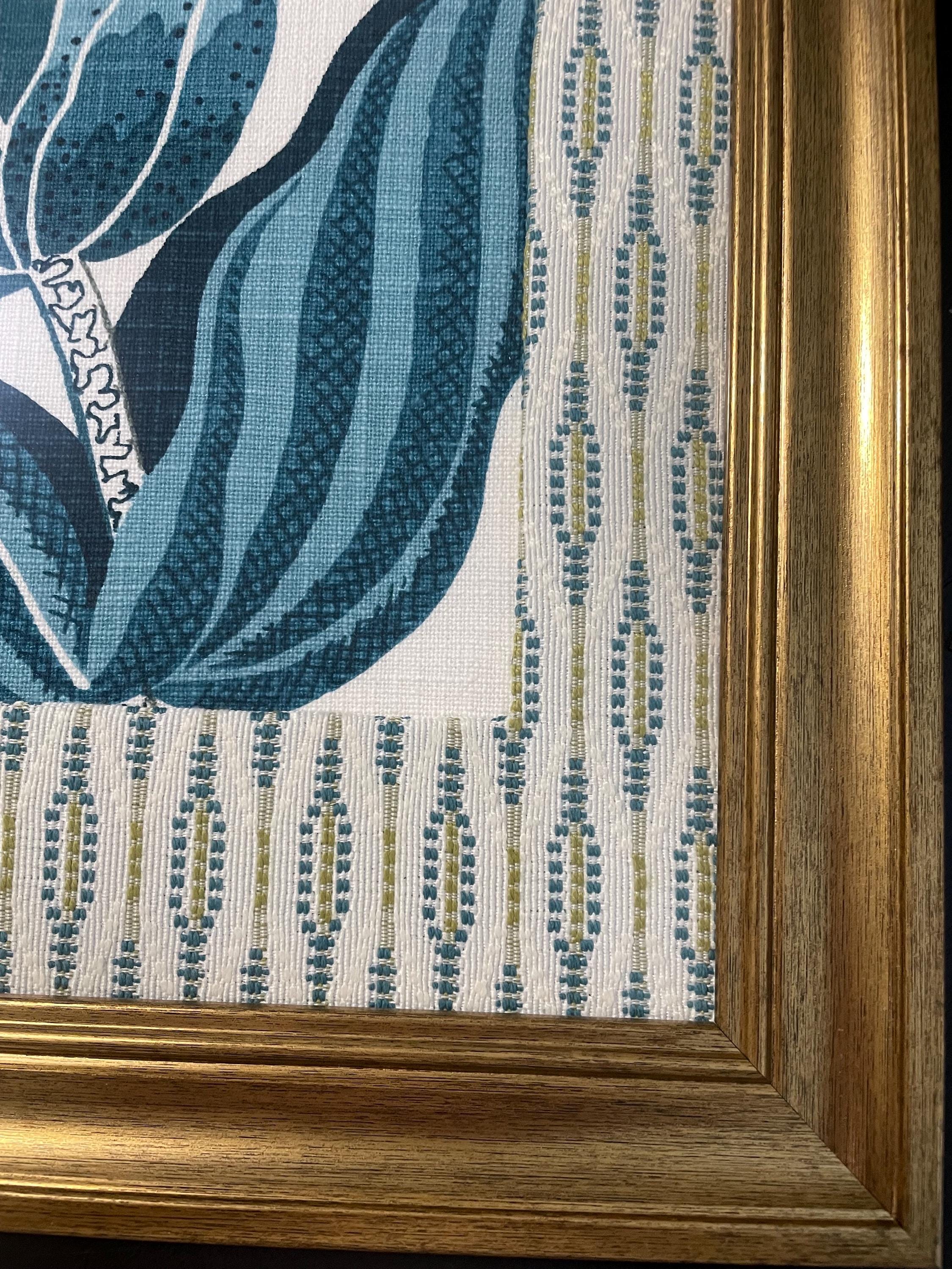 Custom-made Ballard Designs Emmie Blue fabric and Faygo matting in gold frame 13x16