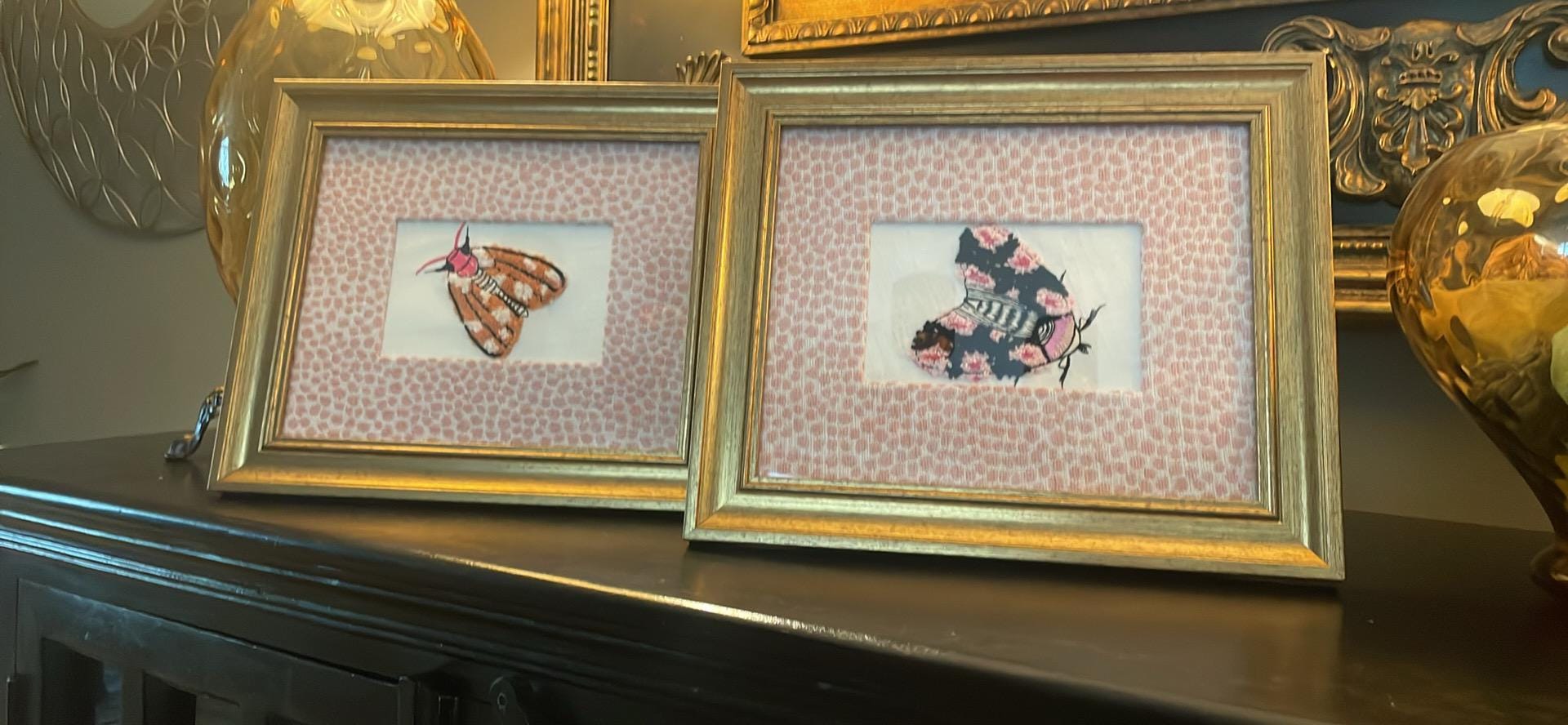 Embroidered Moth Art, Ballard Designs Rose Quartz Fabric Mat, Gold Frame (Pair)