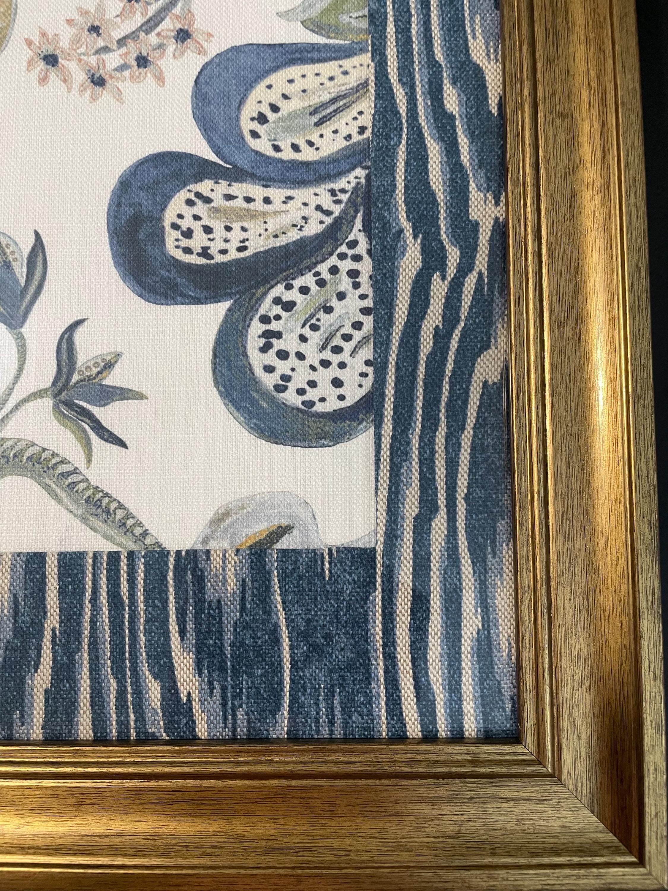 Custom Framed Ballard Designs Fabric Art (13x16) – Isadore Blue Ikat Gold Frame