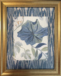 Custom Framed Ballard Designs Fabric Art: Isadore Blue Floral, Darcy Blue Ikat Mat