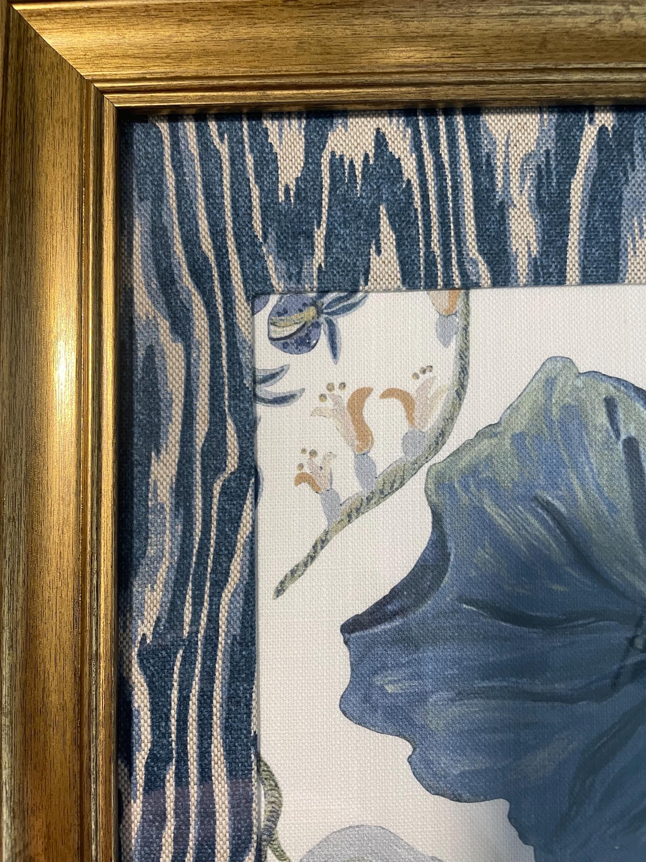 Custom Framed Ballard Designs Fabric Art: Isadore Blue Floral, Darcy Blue Ikat Mat