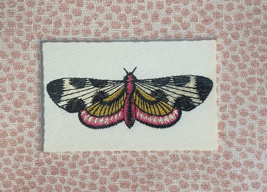 Custom Framed Embroidered Butterfly Moth Art with Rose Quartz Fabric Matting | Elegant Wall Decor