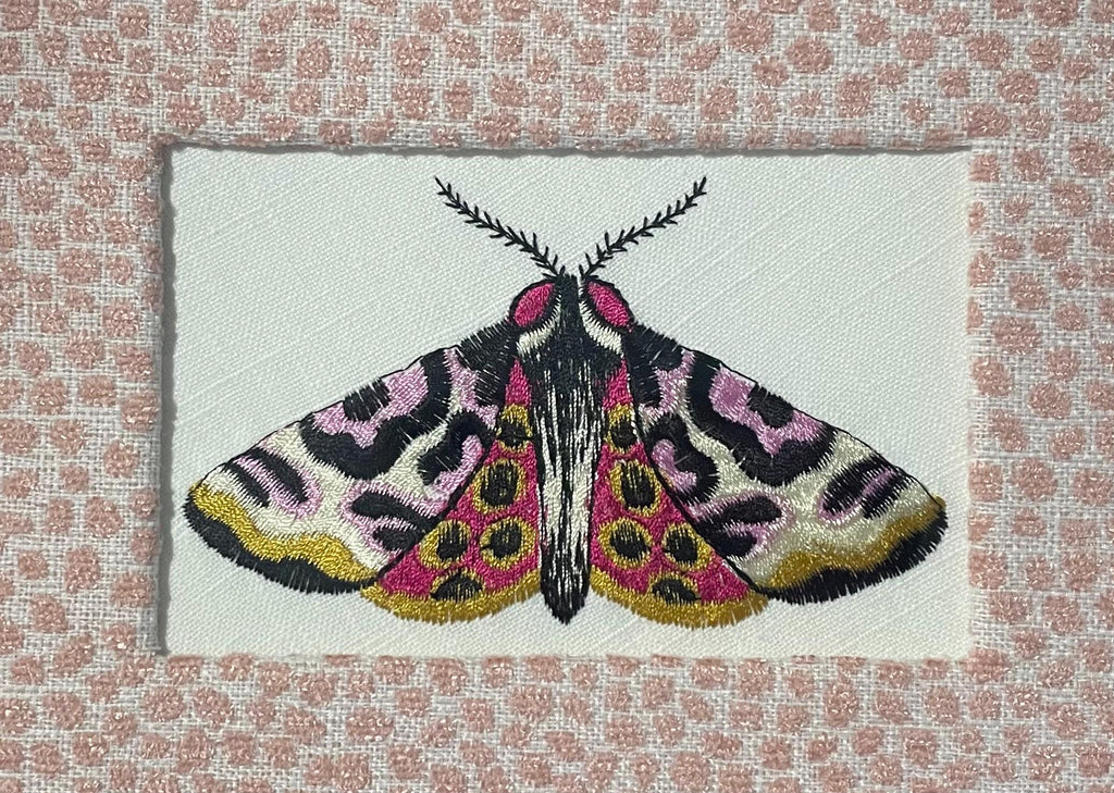 Custom Embroidered Butterfly Moth Wall Art, Ballard Design Rose Quartz Fabric Mat, Gold Frame Decor