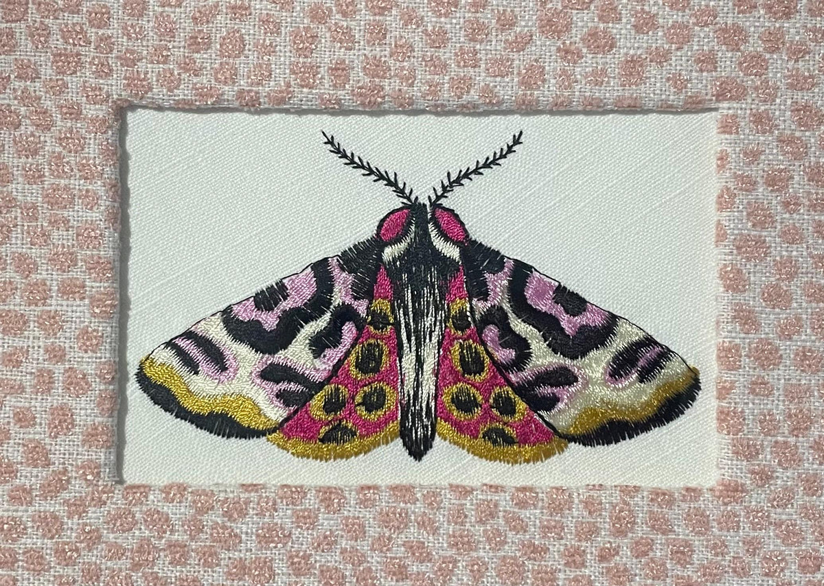 Custom Embroidered Butterfly Moth Wall Art, Ballard Design Rose Quartz Fabric Mat, Gold Frame Decor