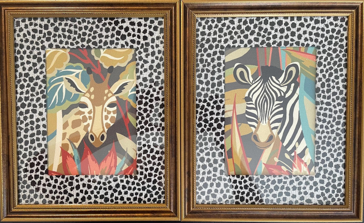 Pair of Safari Wall Art Framed Giraffe Zebra Kinabalu Fabric Print Nature Decor