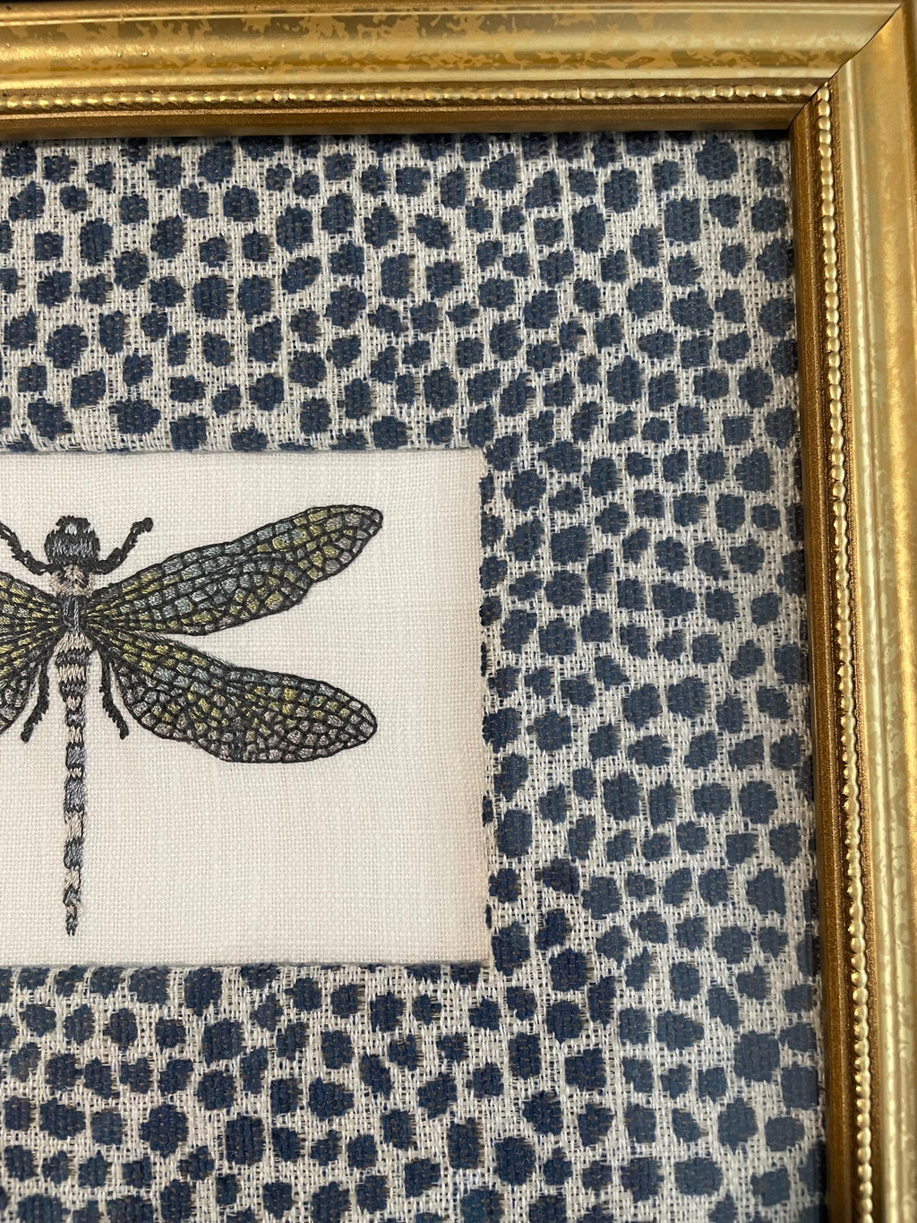 Dragonfly Framed Art with Tully Blue Ballard Designs Fabric Mat | Gold Framed Wall Decor