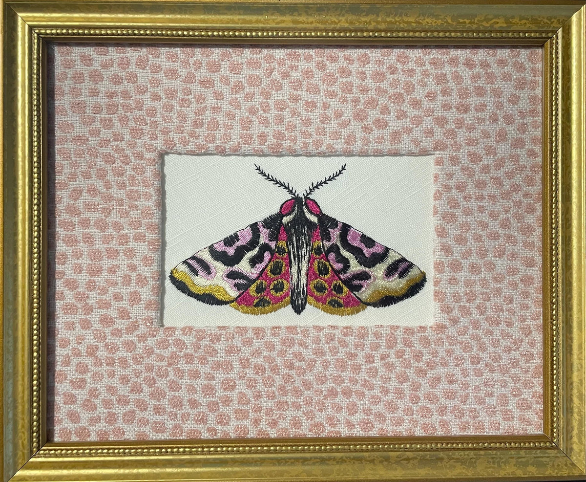 Custom Embroidered Butterfly Moth Wall Art, Ballard Design Rose Quartz Fabric Mat, Gold Frame Decor
