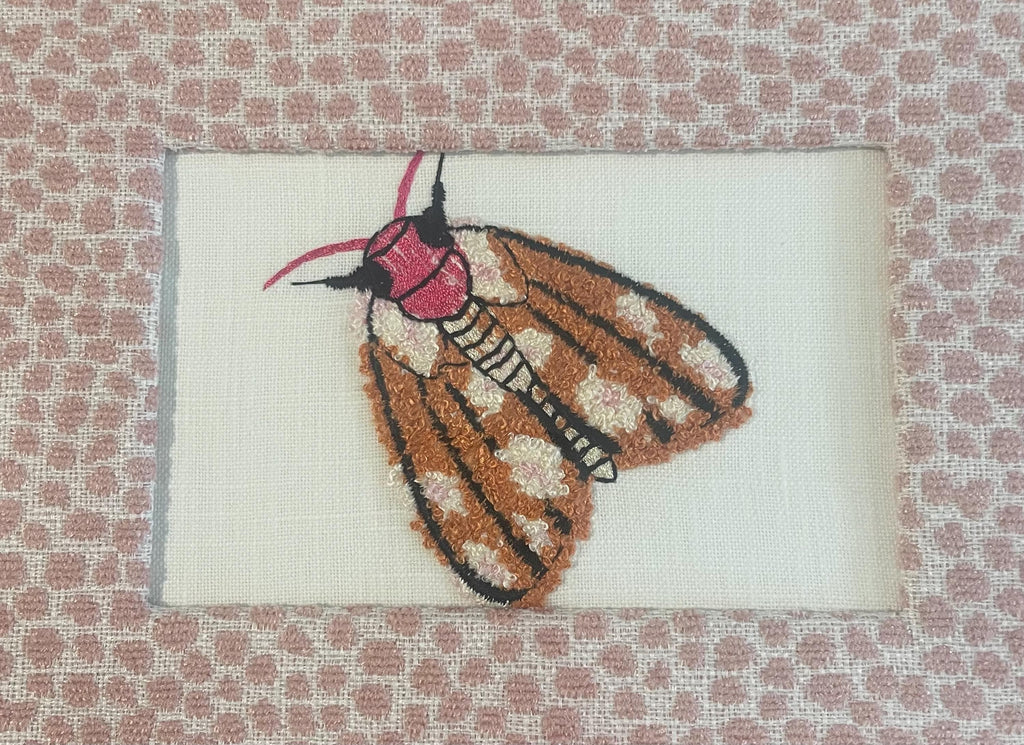 Custom Framed Embroidered Butterfly & Moth Art with Ballard Designs Tully Rose Quartz Fabric Mat