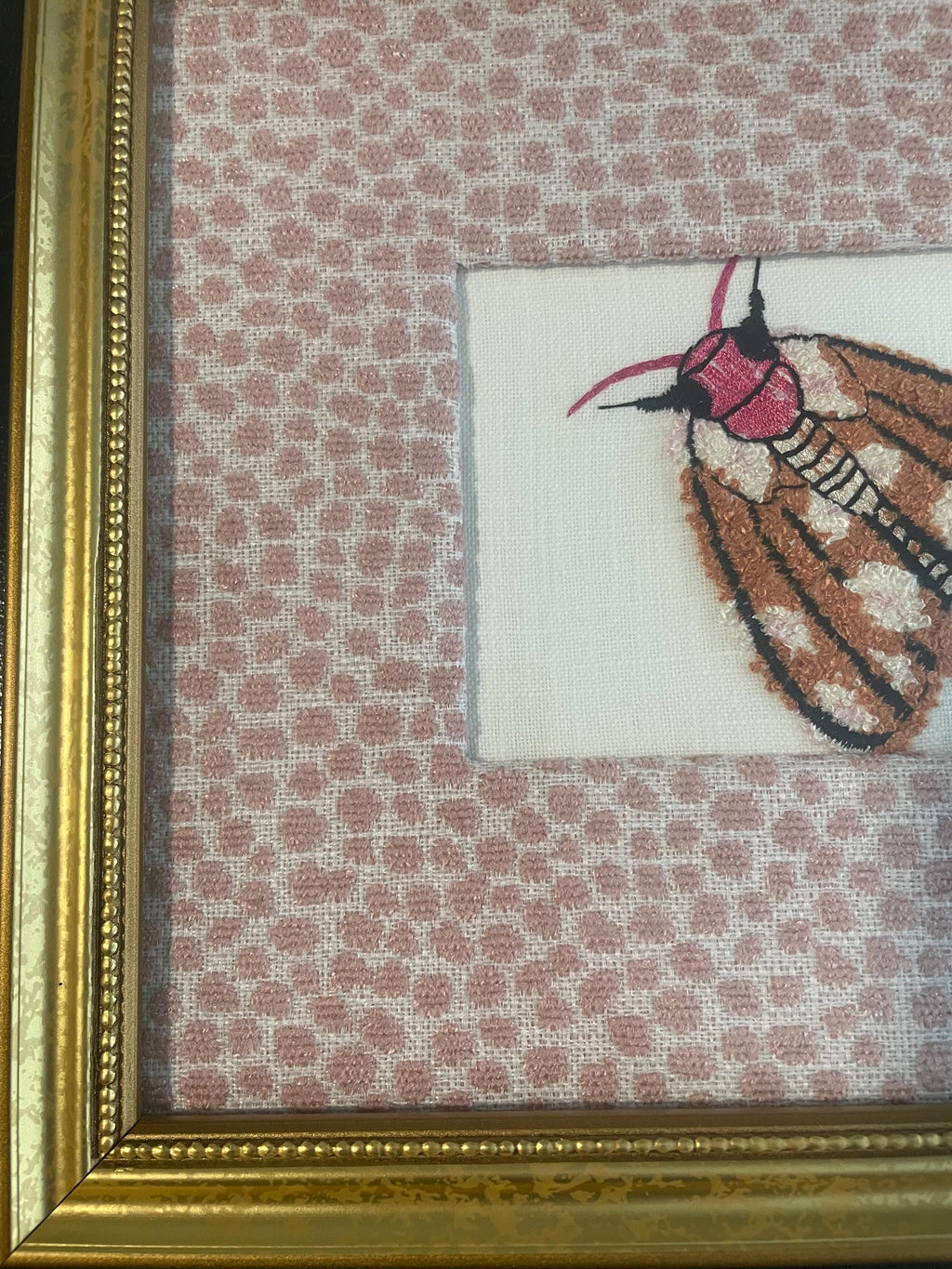 Custom Framed Embroidered Butterfly & Moth Art with Ballard Designs Tully Rose Quartz Fabric Mat